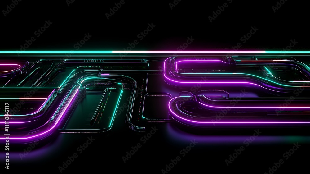 Poster Futuristic Neon Circuit Design with Glowing Lines and Digital Elements on a Dark Background