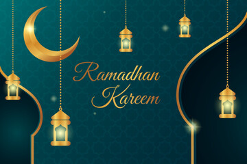 Ramadan Kareem banner background, beautiful golden dome moon lantern