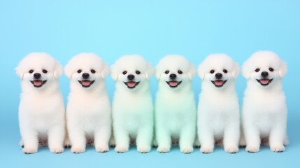 Fototapeta premium Adorable Fluffy White Puppies on Blue Background