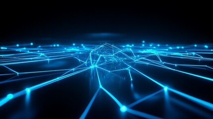 Obraz premium Futuristic Network of Glowing Blue Lines and Dots in a Dark Digital Landscape Representing Connectivity and Technology