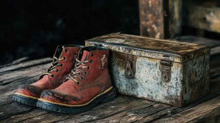 A pair of worn red boots beside a rusty metal box on wooden planks.