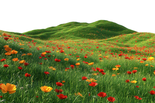 Colorful flower field on a green hill isolated. PNG transparent.
