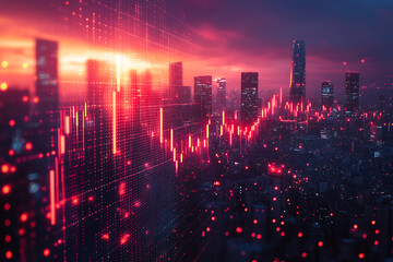 Fototapeta premium Abstract forex candlestick chart glowing over a blurred cityscape at night, symbolizing big data, trade, and investment in a futuristic financial setting