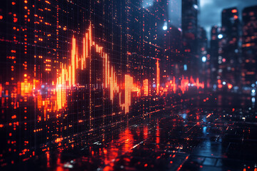 Fototapeta premium Abstract forex candlestick chart glowing over a blurred cityscape at night, symbolizing big data, trade, and investment in a futuristic financial setting