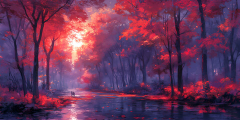 Fototapeta premium Autumnal Forest Path, Lovers Stroll Through a Crimson Canopy at Dusk, Illuminated by Glowing Lights