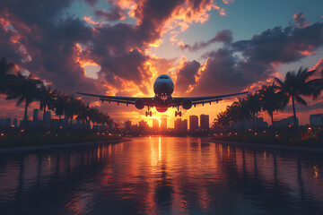Airplane flying above palm trees during a clear sunset with radiant sun rays, evoking travel, vacations, and air transport in a tropical setting