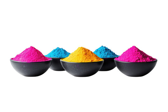 Four bowls filled with vibrant Holi powder in various colors, on a white background. PNG transparent.