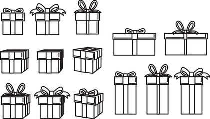 set of gifts presents in different shape in easy clean lines vector drawing on white background