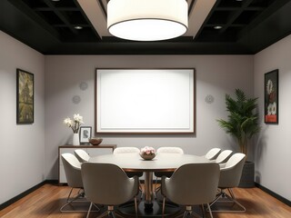 A modern office wall displaying mockup art surrounded by decorative elements, creating a professional and stylish meeting space, mockup, design