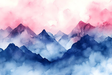 Misty Mountain Range Watercolor Painting, Serene Blue and Pink Hues Landscape in Soft, Dreamy Style