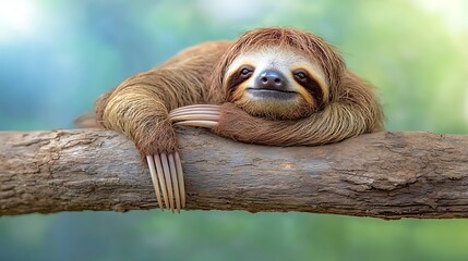 Fototapeta premium A sloth with long claws and a shaggy coat lies lazily on a thick tree branch, its eyes half closed in a state of peaceful relaxation.
