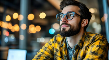 Obraz premium Man in Yellow Plaid Shirt Contemplating, Evening City Lights Background