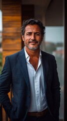 Obraz premium A portrait of an Indian man in his late thirties, smiling and standing on the balcony of a modern office building with light wood walls. He is wearing a navy blue suit jacket over a white shirt, posin