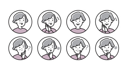 高齢者女性の正面と横顔のシンプルな顔アイコンのイラスト素材