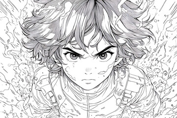 Fototapeta premium Anime boy coloring page illustration showcasing a shonen-style character with expressive features, spiky hair, and dynamic action-themed details