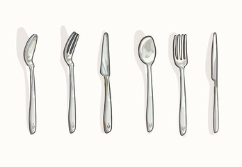 cutlery fork spoon and knife in different views realistic vector isolated on white background