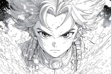Fototapeta premium Anime boy coloring page illustration showcasing a shonen-style character with expressive features, spiky hair, and dynamic action-themed details
