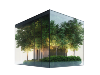 Modern glass building with reflections of trees and sky, isolated on a white background.  PNG transparent.