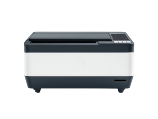 Desktop printer with paper tray, isolated on a white background.  PNG transparent.