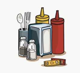 restaurant  retro dining table set napkins cutlery ketchup mustard salt and peper. traditional american fast food style  vector illustration on white background