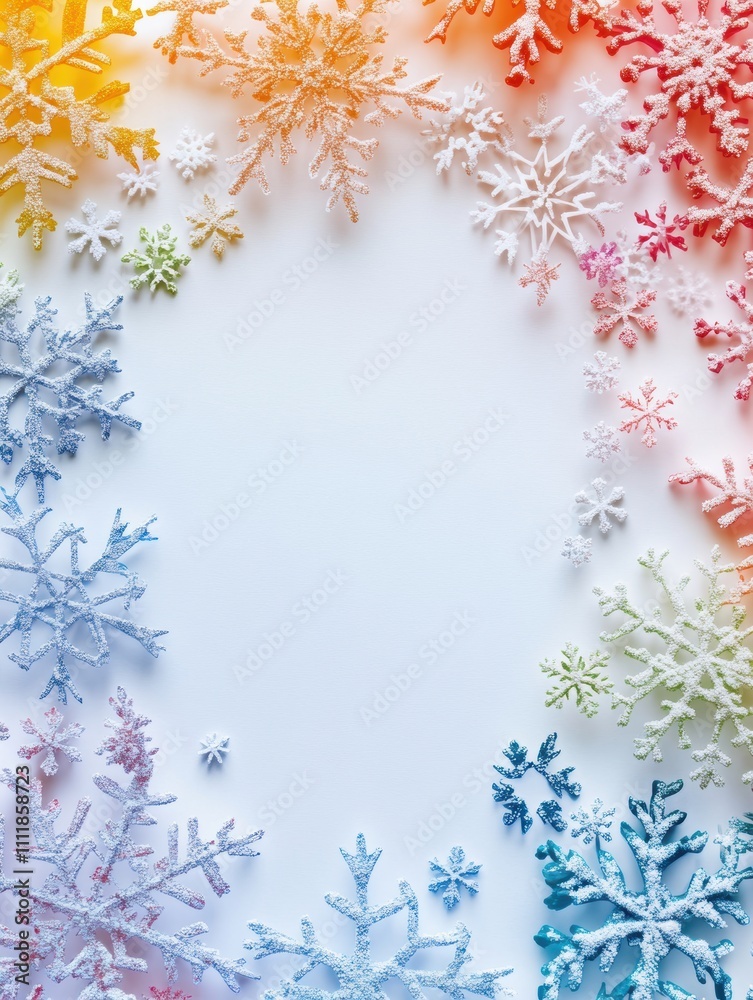 Poster colorful snowflakes with beautiful patterns are arranged around the edges, leaving a blank center id
