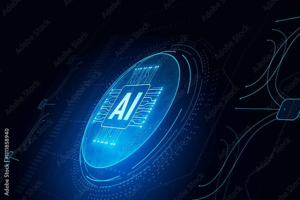 Aufkleber Futuristic, artificial intelligence and information analysis concept with AI chipset on digital graphic circle button on abstract dark technological background. 3D rendering