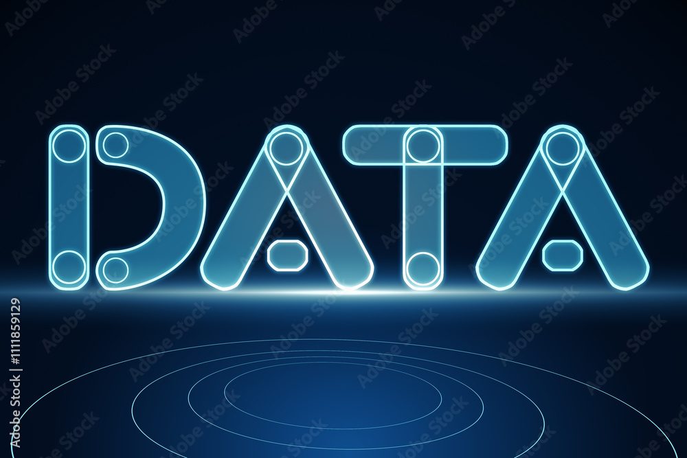 Aufkleber Business analytics and social stats concept with bright blue digital graphic data word on abstract dark background. 3D rendering