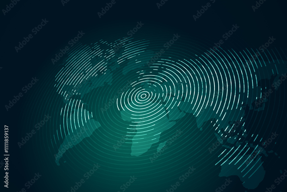 Poster Perspective view on digital graphic white circles world map on abstract dark green background, design template. 3D rendering
