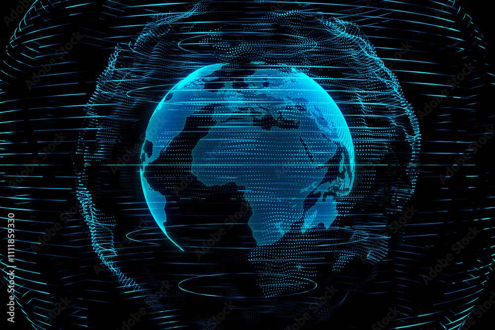 Aufkleber Global network connection and international significance concept with digital world map globe covered by dotted and technological spheres on dark background. 3D rendering
