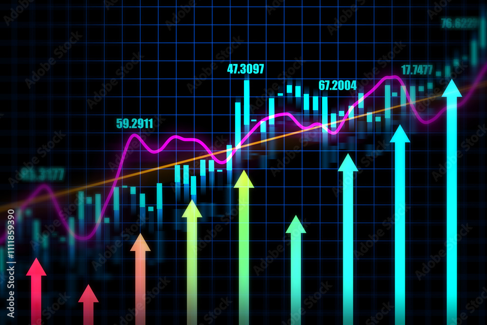 Poster stock market growth and investing concept with multi color rising arrows on dark background with dig