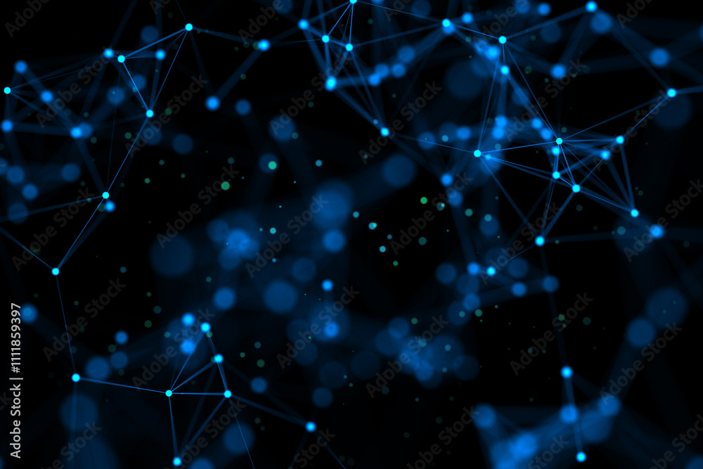 Poster Abstract dark background with polygonal figures and blurred blue dots. 3D rendering