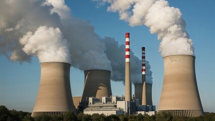 Nuclear power plant billowing smoke into a polluted sky, a stark reminder of industrial power generation