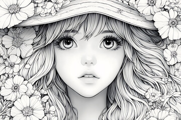 Fototapeta premium Anime girl coloring page illustration featuring a kawaii-style character with expressive eyes, intricate patterns, and whimsical decorative elements