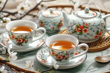 Fototapeta premium Traditional Chinese tea ceremony with delicate porcelain cups and teapot