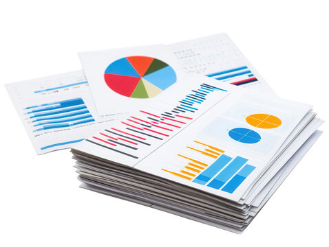 Data charts and statistics on paper sheets, isolated on a white background.  PNG transparent.