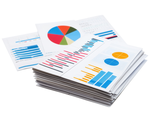Data charts and statistics on paper sheets, isolated on a white background.  PNG transparent.
