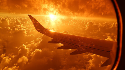 Airplane wing over golden sunset clouds. Concept of travel, adventure, and freedom.