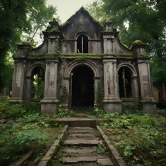 An Ancient, Decaying Church in a Forgotten Graveyard with Sunken Gravestones and Creeping Vines