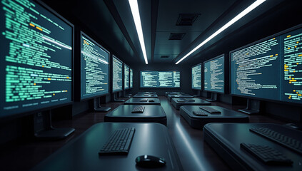 Fototapeta premium A sleek, futuristic coding lab with rows of desks and large glowing monitors displaying programming code, illuminated in a high-tech, dimly lit environment.