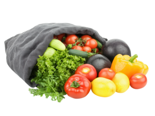 Cloth bag with fresh fruits and vegetables spilling out, isolated on a white background. PNG transparent.