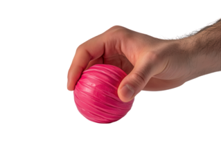 Hand squeezing a pink stress ball, isolated on a white background.  PNG transparent.
