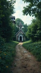 Obraz premium A narrow dirt path leads to the entrance of the small church near the edge of a dense thicket , overgrowth, path