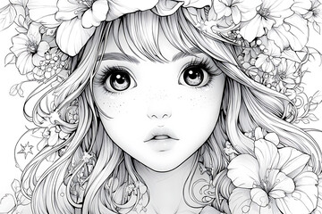 Fototapeta premium Anime girl coloring page illustration featuring a kawaii-style character with expressive eyes, intricate patterns, and whimsical decorative elements