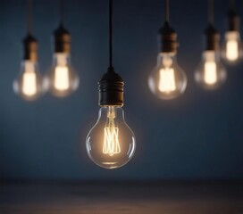 A single glowing light bulb suspended in mid-air against a dark blue background with numerous out-of-focus light bulbs surrounding it, atmosphere, isolated light source