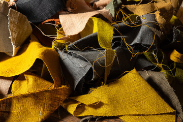 Linen fabric scraps. Selective focus