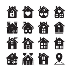 Symbols or icons of houses, buildings isolated on black. Silhouette 