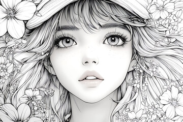 Fototapeta premium Anime girl coloring page illustration featuring a kawaii-style character with expressive eyes, intricate patterns, and whimsical decorative elements