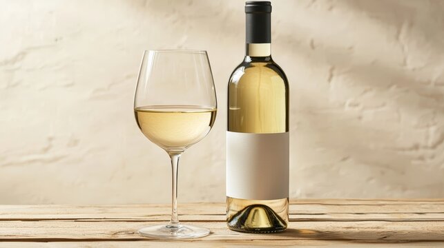 a bottle of wine with a blank white label and a glas of wine on a wooden background