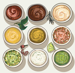 combination of realistic types of dips sauces ketchup salsa guacamole mayo bbq mustard fast food icon eating fried yummy american burger herb decorated isolated on white background