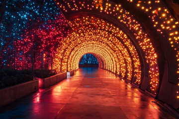 Fototapeta premium A walkway covered in red, white and blue lights at night